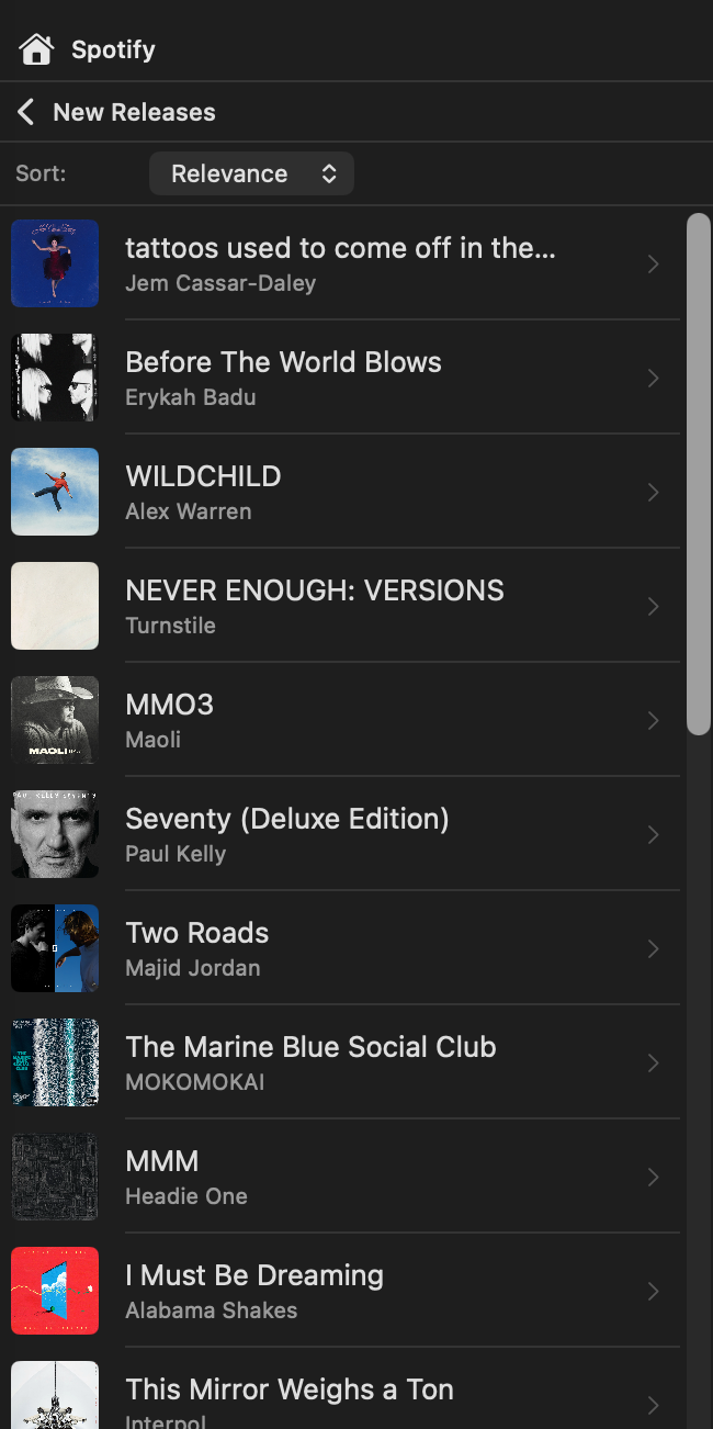 Browsing Spotify new releases, with the sort menu
