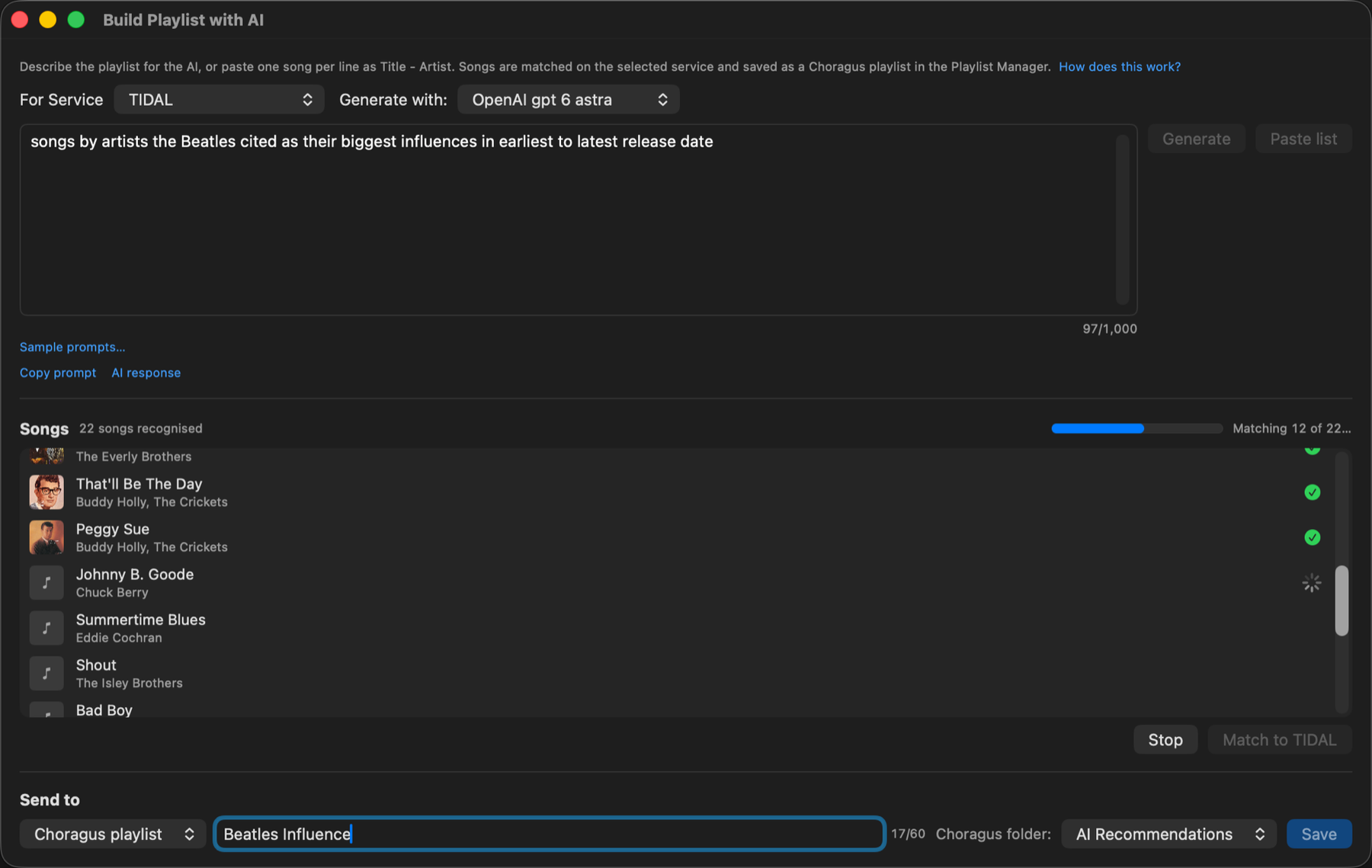 Build Playlist with a brief, the matched songs and the save options