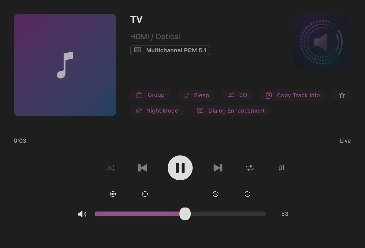 Now Playing on a home-theatre room with the TV input, its stream format, Night Mode and Dialog Enhancement